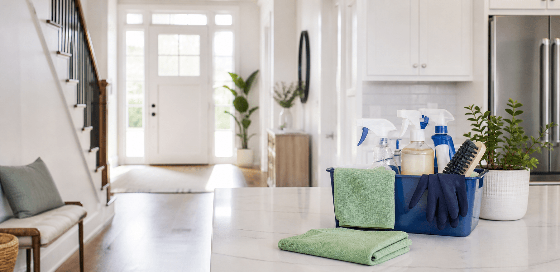 Freshly cleaned home interior with professional cleaning supplies